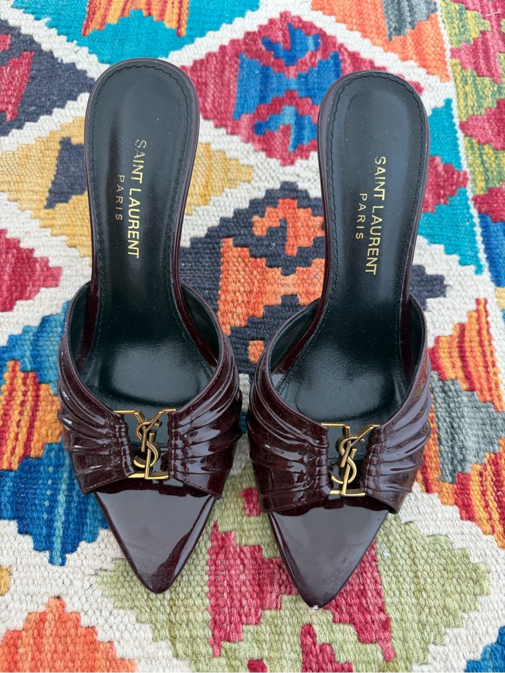 Saint Laurent Burgundy Patent Pointed Mules with Gold YSL Logo